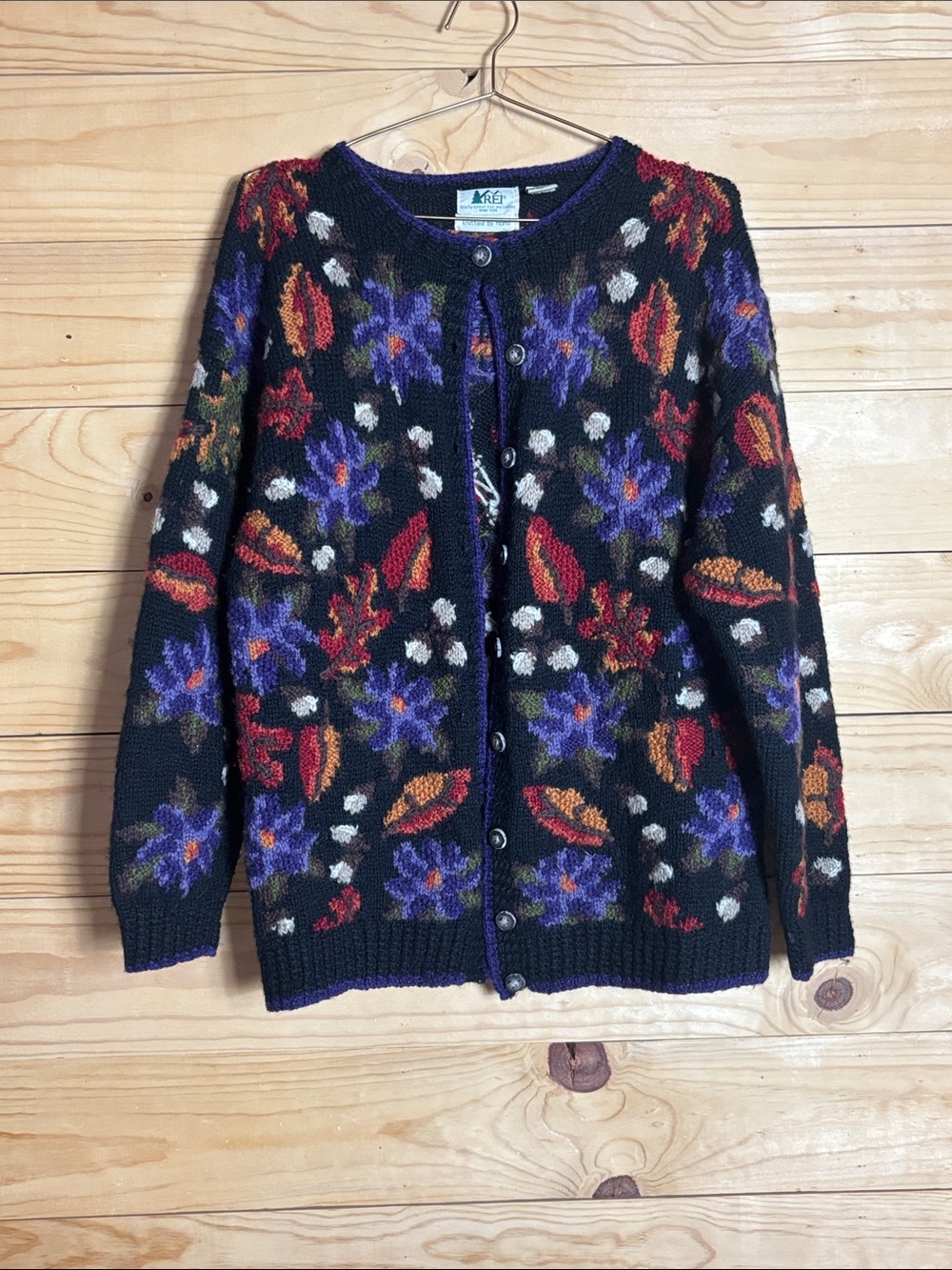 Rei vintage floral and leaves wool button up cardigan sweater size Small
